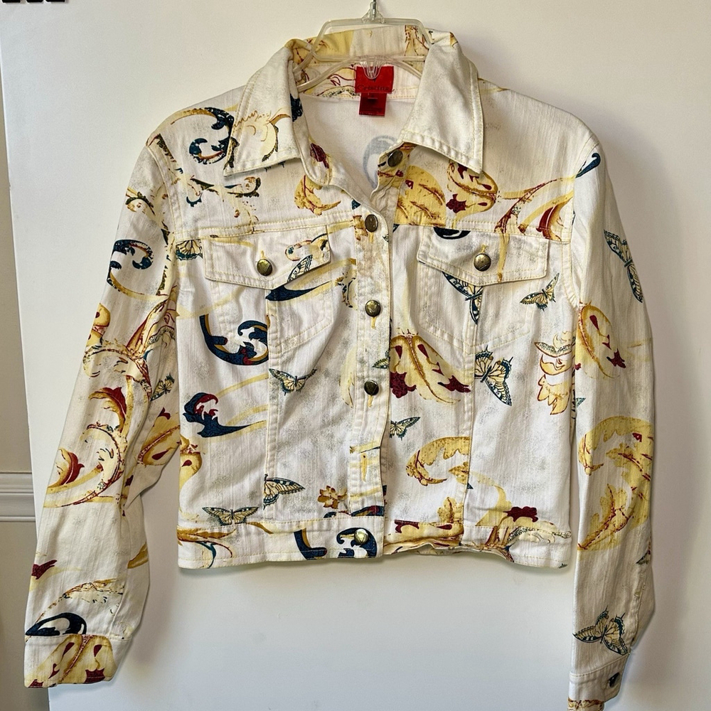 V Christina Denim Jacket Ivory Yellow Blue With Butterflies Womens Size S EUC